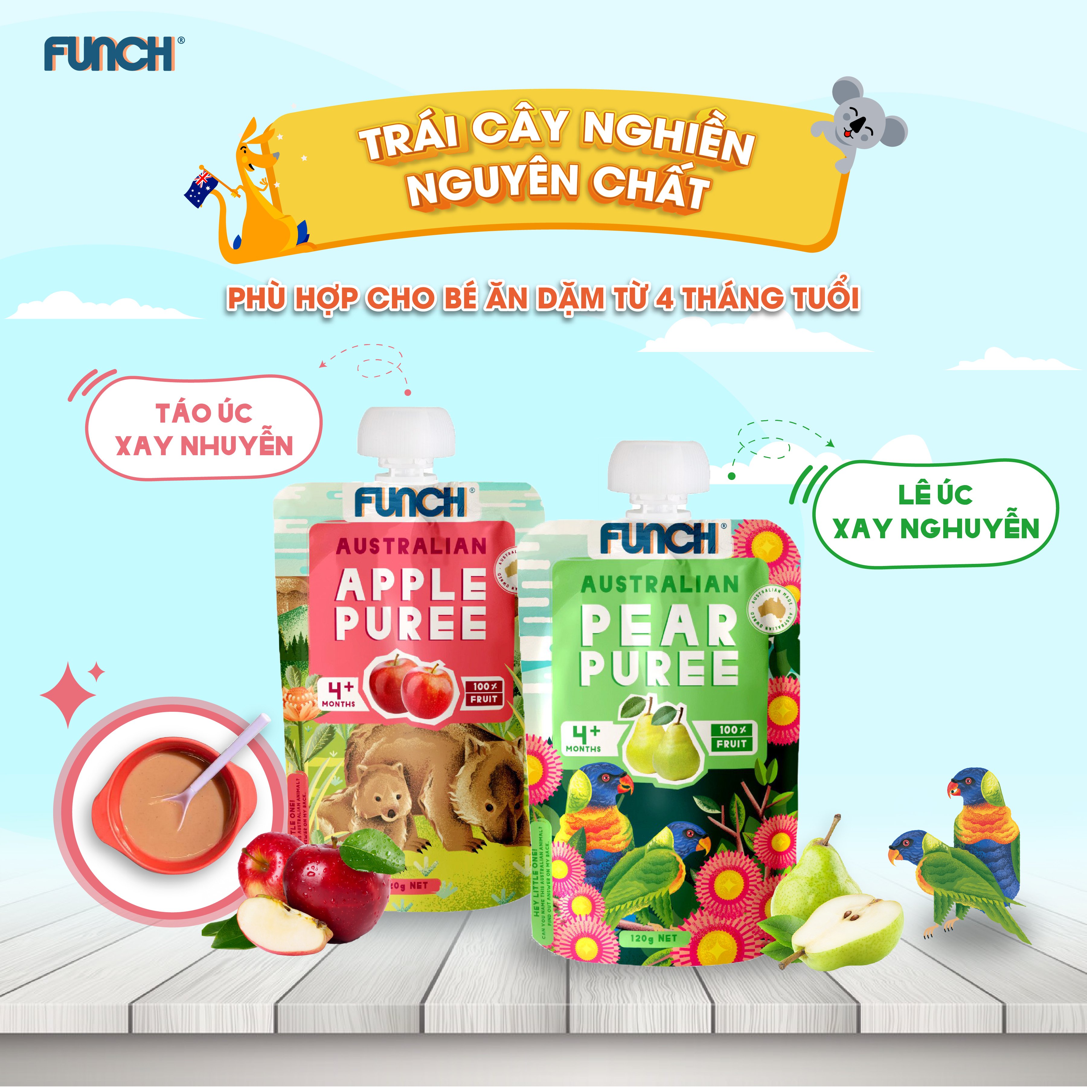 Trái Cây Nghiền Cho Bé Ăn Dặm Từ 4 Tháng Tuổi  FUNCH 100% Táo Xay Nhuyễn 120g