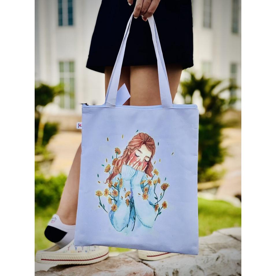 Túi Tote, Canvas TL Đựng Vừa A4, Đi Học Đi Chơi Đều Được, Có Khóa Đeo Vai Phong Cách