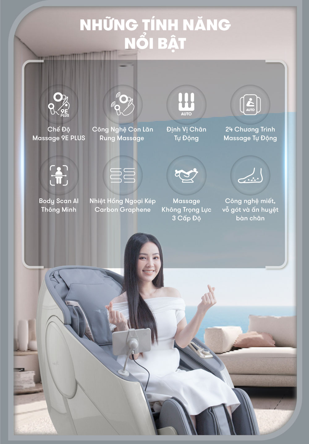 Ghế massage ELIP O7 - Công nghệ massage 9E Plus, Điều khiển giọng nói, Massage châm cứu bàn tay