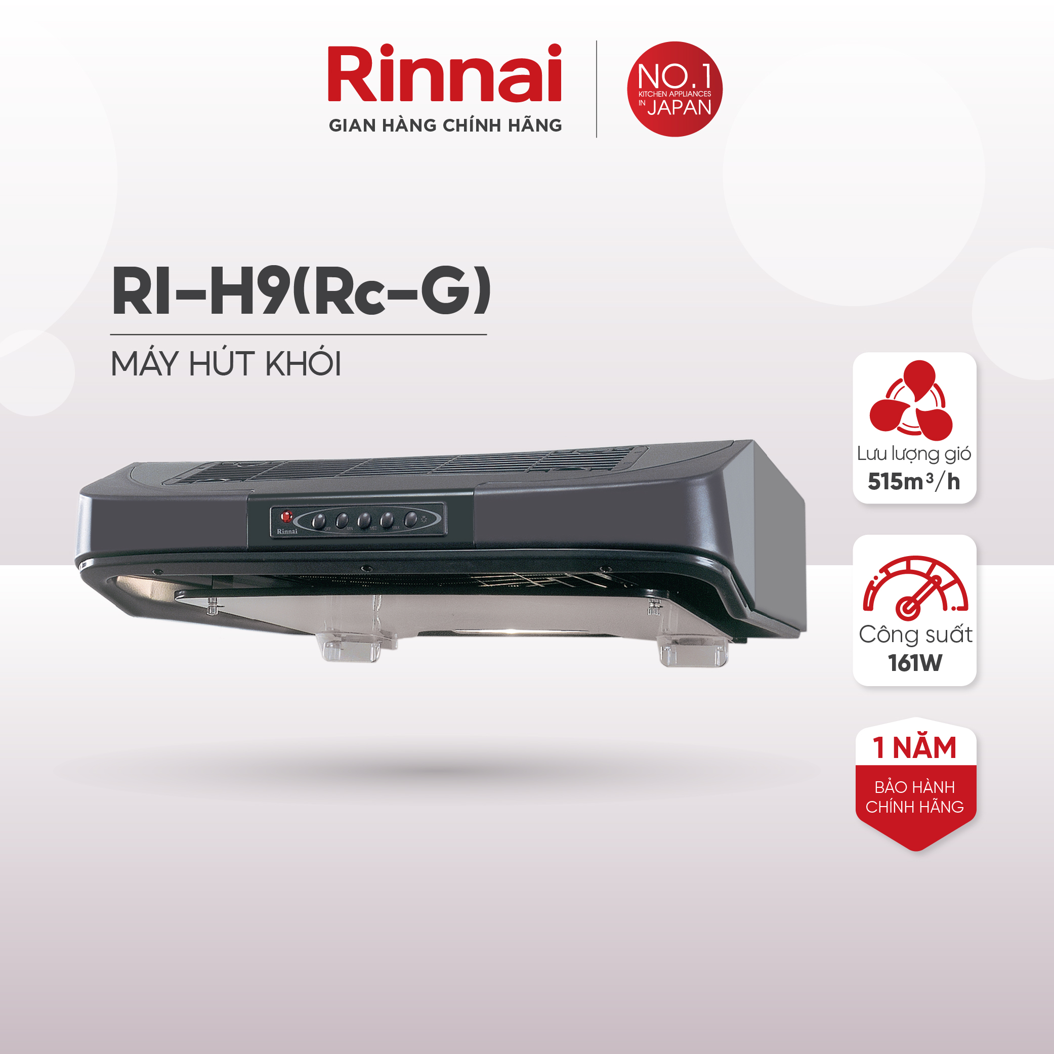 Máy hút mùi 90cm Rinnai RI-H9(Rc-G) than hoạt tính 161W - Hàng chính hãng.