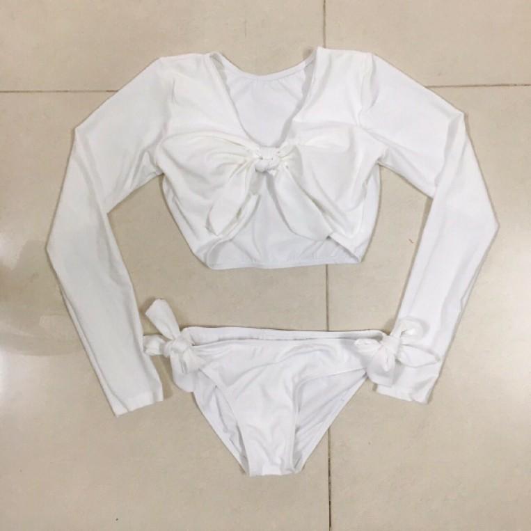 freeship Bikini 2 mảnh dài tay trắng cạp thấp buộc nơ sexy mặc đi biển đi bơi đẹp ( Bà bầu mặc được)