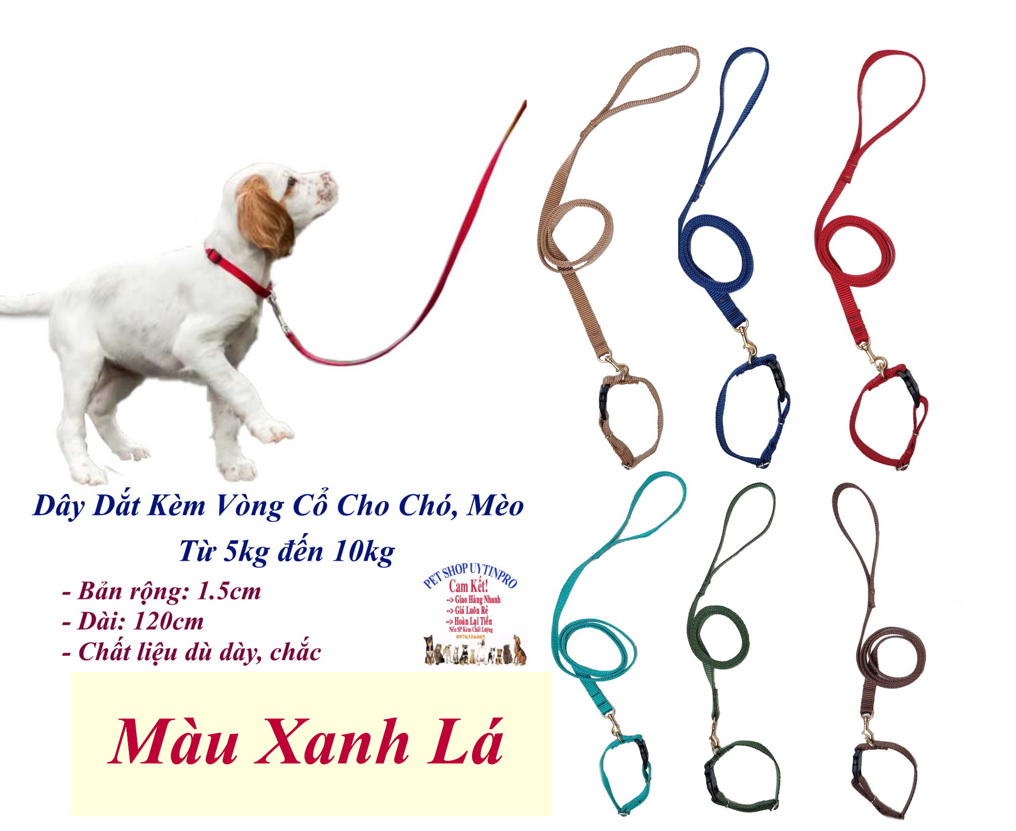 Dây dắt kèm vòng cổ cho Chó Mèo từ 5kg đến 10kg Bản rộng 1.5cm Không in hình Chất liệu dù dày, Bền, Chắc, Cao cấp