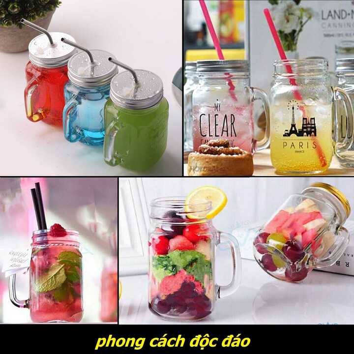 Ly thủy tinh có quai nắp đậy 600ml – ca đựng nước thuỷ tinh nắp thiếc có lỗ cắm ống hút – đựng nước ép, trà sữa, cafe, sữa tươi độc đáo