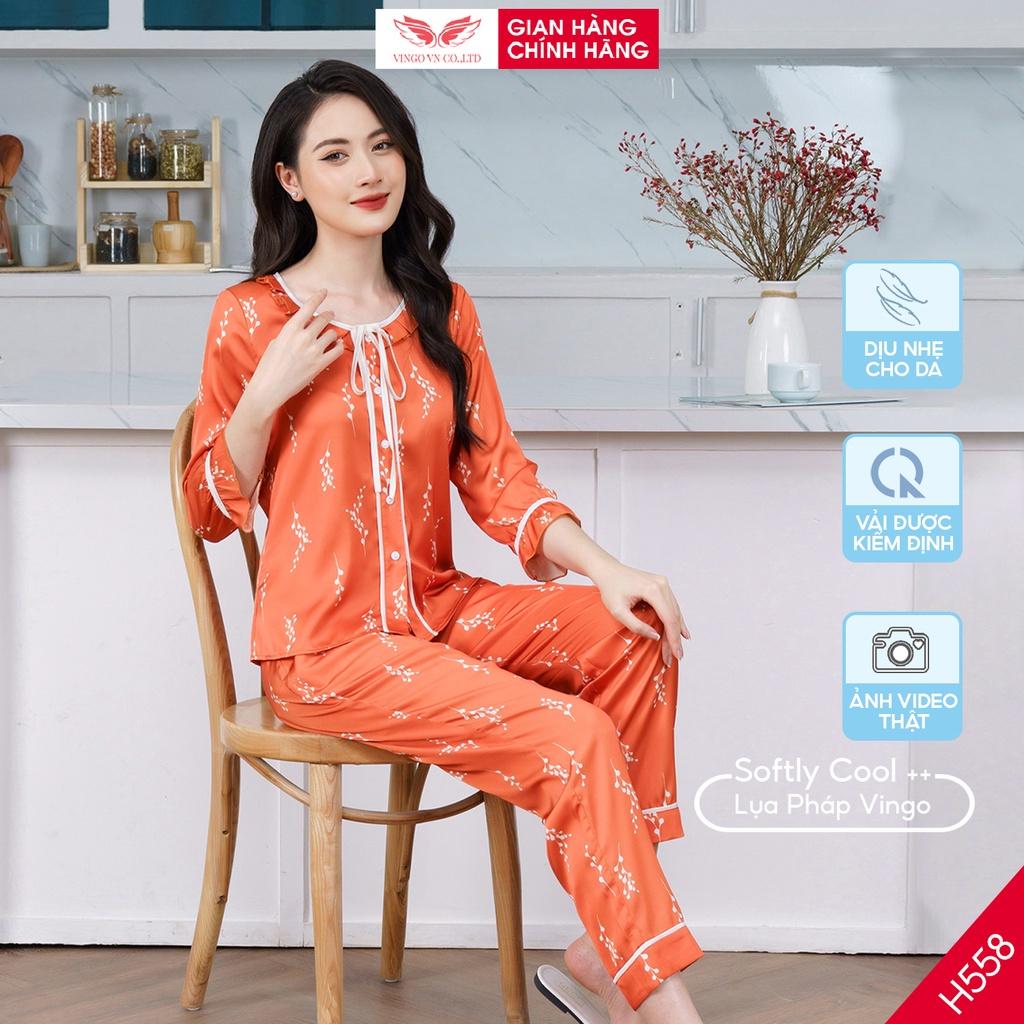 Bộ Đồ Ngủ Pyjama Nữ Mặc Nhà VINGO Lụa Pháp Cao Cấp Tay Lỡ Phối Nơ Quần Dài Thu Đông Họa Tiết Hoa Trắng Xanh H558 VNGO