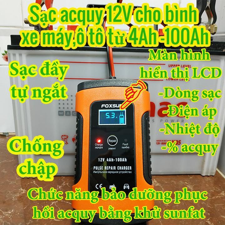 Sạc bình acquy 12V 3Ah-100Ah FOXSUR tự ngắt khi đầy chức năng bảo dưỡng phục hồi ắc quy bằng khử sunfat chống ngược cực