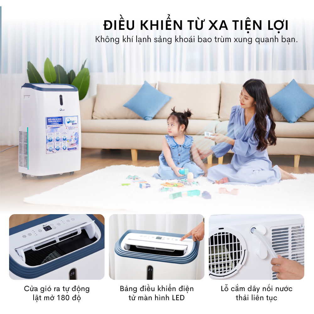 Điều hoà di động 12.000BTU FUJIHOME dùng cho phòng 30m2, máy lạnh đứng di động mini có điều khiển từ xa không cần lắp đặt sử dụng app hút ẩm giao hàng toàn quốc - Hàng Nhập Khẩu