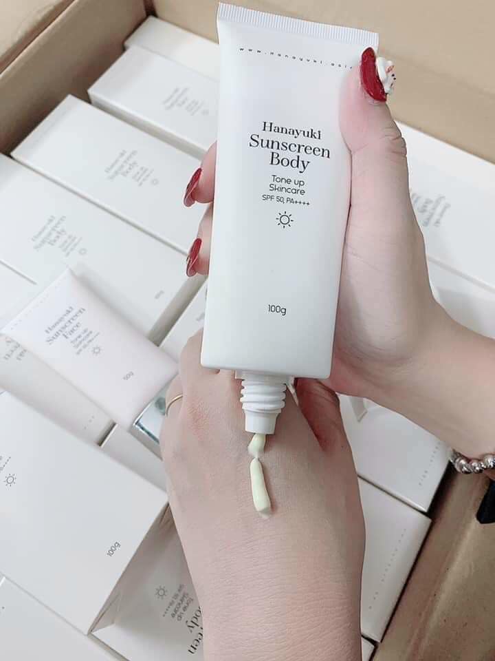 Kem Chống Nắng Hanayuki Sunscreen Body Nâng Tông Dưỡng Trắng SPF 50+/PA++++ ( Hanayuki Chính Hãng 100g )