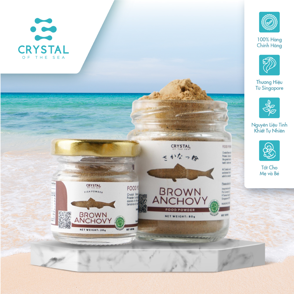 Bột nêm Cá Cơm Nâu - CrystalSea, Chứng nhận SFA, giàu chất dinh dưỡng như Canxi, Chất đạm tốt cho sự phát triển của não và xương, phù hợp cho trẻ từ 6 tháng tuổi, phụ nữ mang thai và người già
