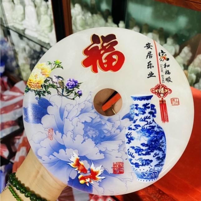 Đồng Điếu Tranh 3D Để Bàn Bằng Đá Ngọc Onyx Trắng - Đường Kính 16cm