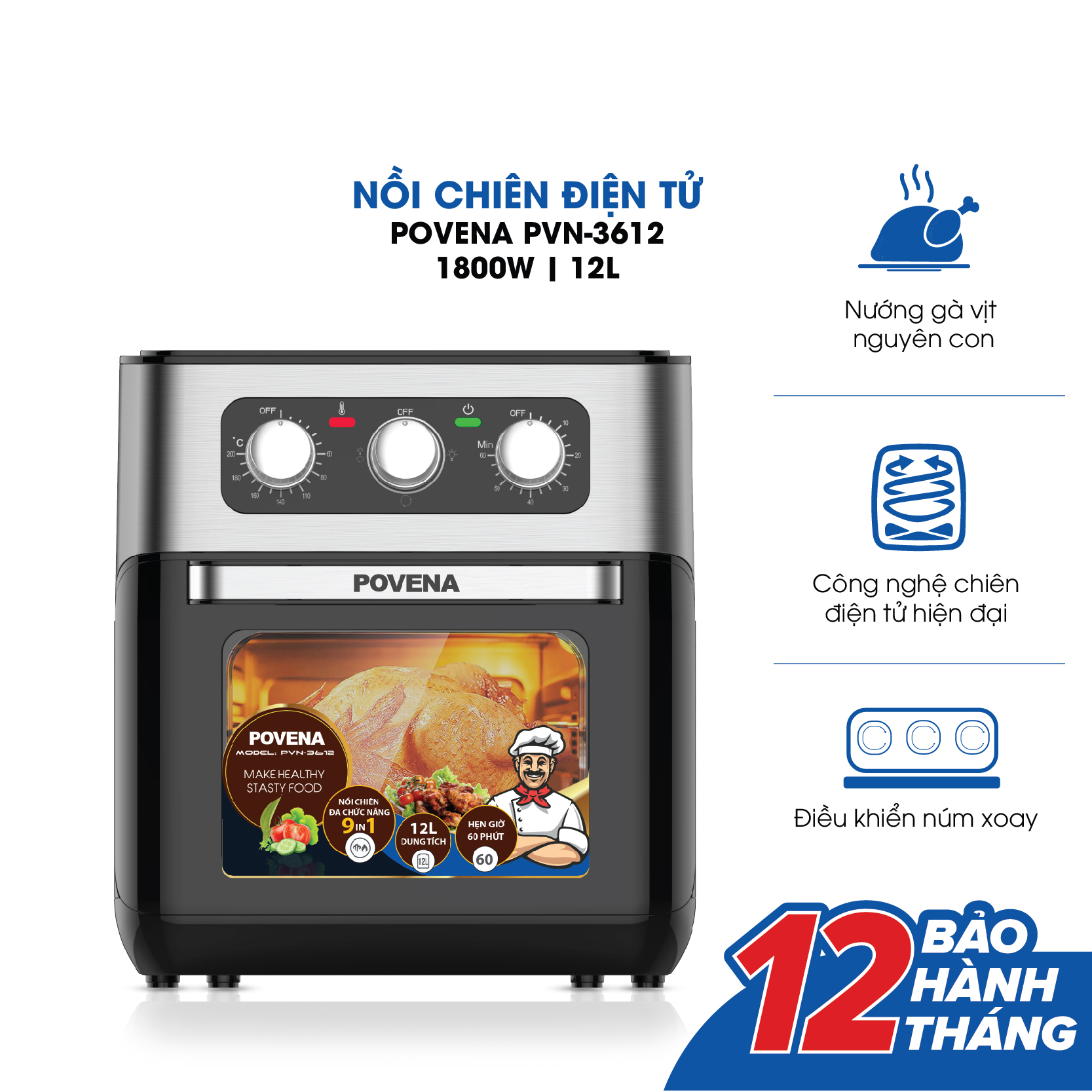 Nồi Chiên Không Dầu POVENA 12L 1800W PVN-3612 - Hàng chính hãng