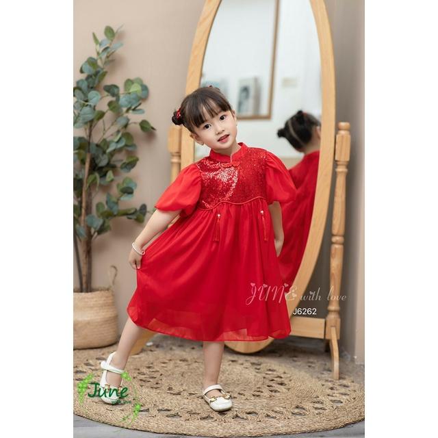Đầm công chúa kiểu sườn xám đẹp cho bé gái họa tiết trái tim size 12-35kg hàng Quảng Châu