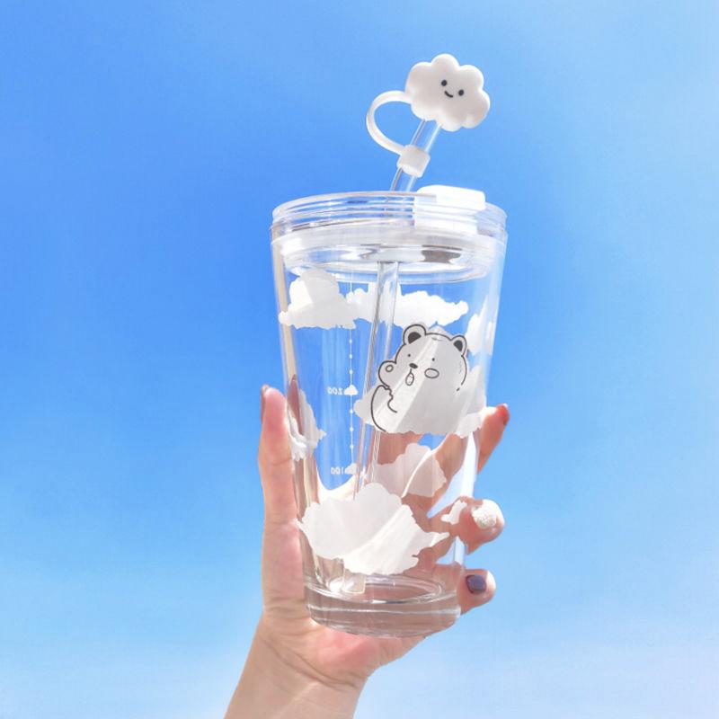Thủy Tinh 480Ml Bình Nước Dễ Thương Mây Hoạt Hình Gấu Nước Sữa Straw Cup Chống Rò Rỉ Di Động Bình Tập Uống Có Niêm Phong Nắp nắp