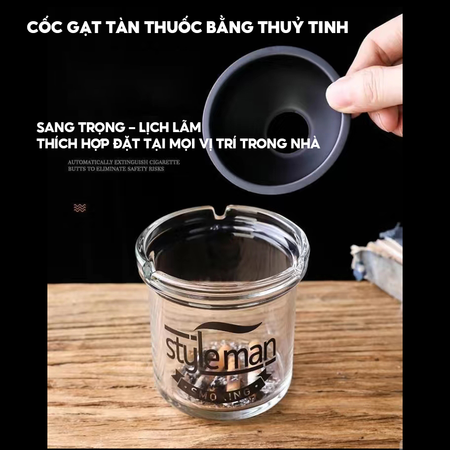 Gạt Tàn Thuỷ Tinh Có Phễu Inox Cao Cấp Phù Hợp Quán Cà Phê Văn Phòng Làm Việc