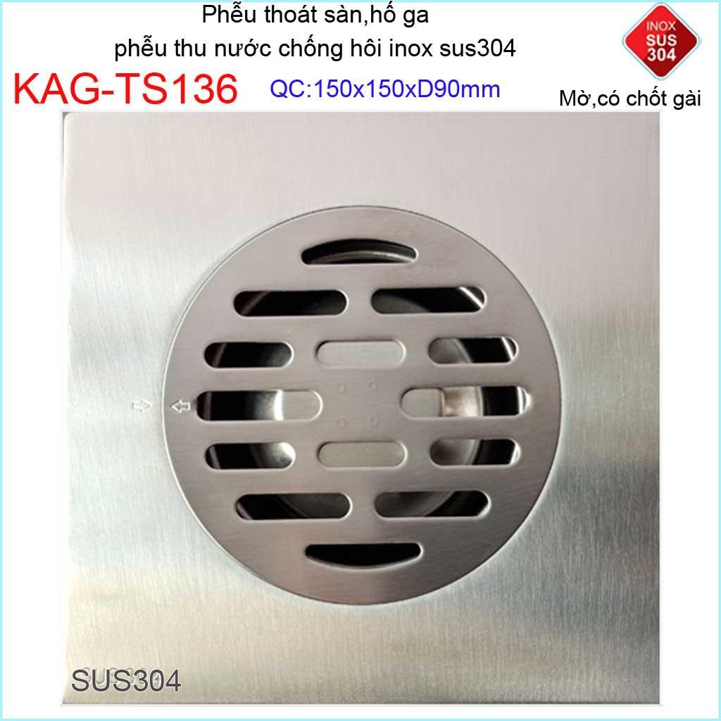 Phễu thoát sàn chống mùi hôi có chốt gài, Phễu thu nước inox 304, thoát sàn Kace 15D90 KAG-TS136