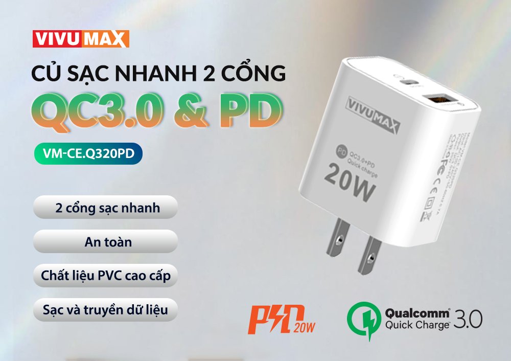 Củ sạc nhanh 20W Vivumax Q320PD tích hợp 2 cổng sạc PD và USB QC3.0 - Hàng Chính Hãng, Bảo hành chính hãng