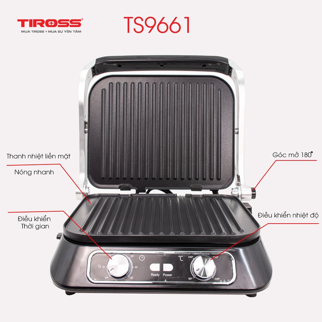 Kẹp Nướng Điện Bánh Mì Sandwich Tiross TS9662, Nướng Thịt BBq, Nướng Cá, Nướng Hải Sản, Nướng Bít Tết, Công Suất 2100W - Hàng chính hãng