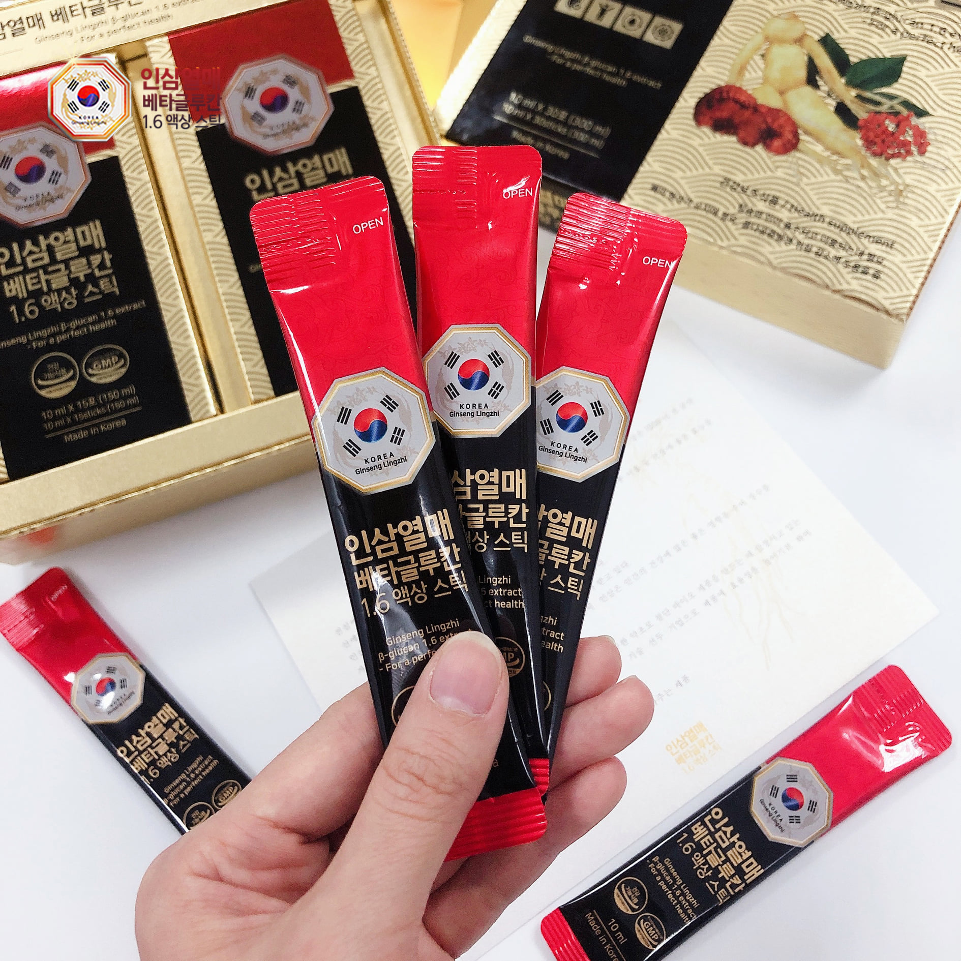 Hộp Nhân Sâm Linh Chi Beta Glucan 1.6 Extract 15 Gói Cô Đặc Của Hàn Quốc, Giúp Ngừa Ung Thứ, Cải Thiện Hệ Tiêu Hóa, Tăng Miễn Dịch, Bồi Bổ Cơ Thể, Làm Đẹp Da