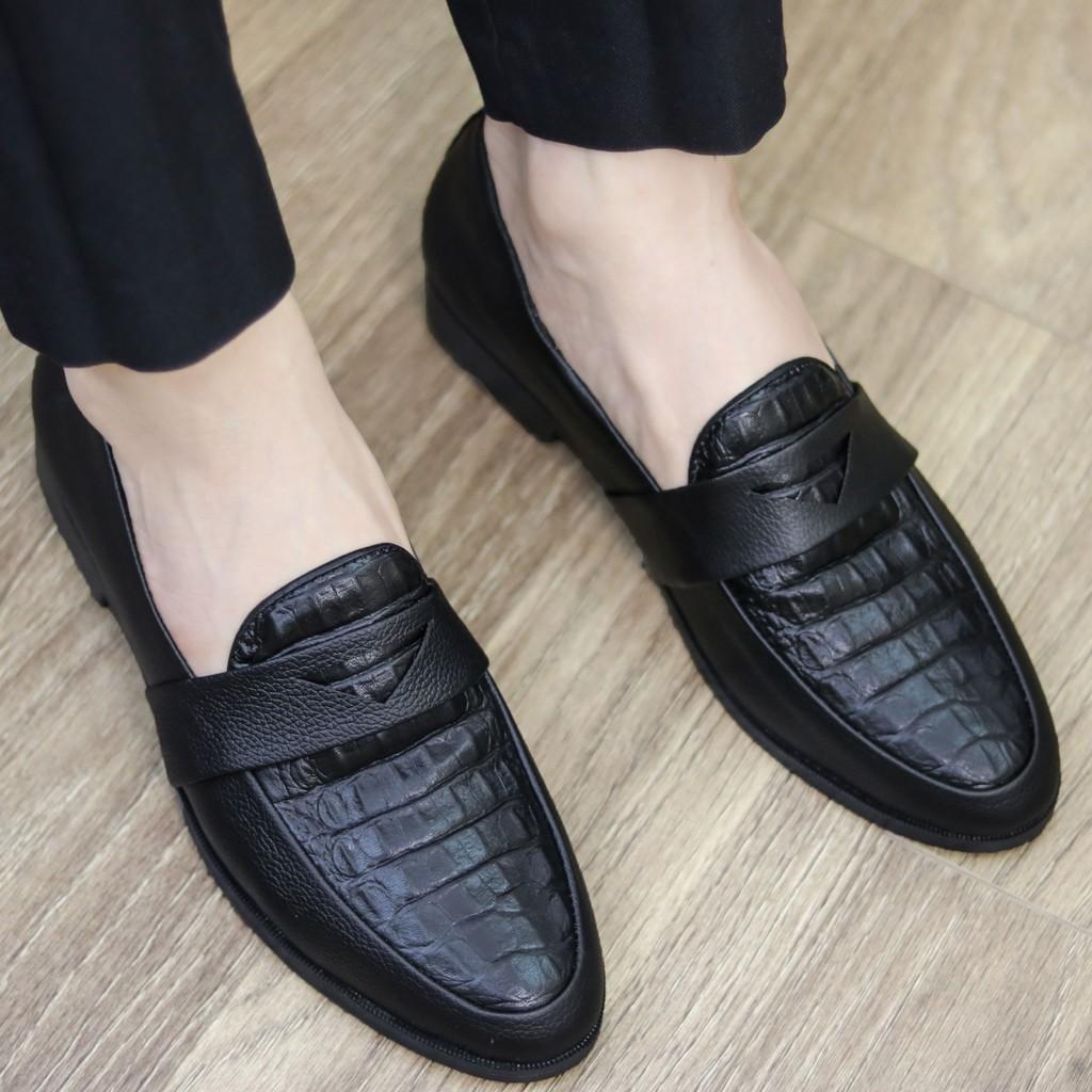 Giày Lười Nam X091 Màu Đen Lì, Vân Cá Sấu