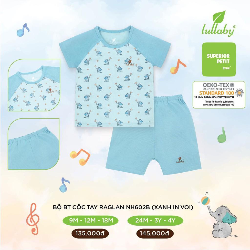 Đồ bộ cộc tay Raglan Lullaby cho bé trai NH602P Xanh in Voi