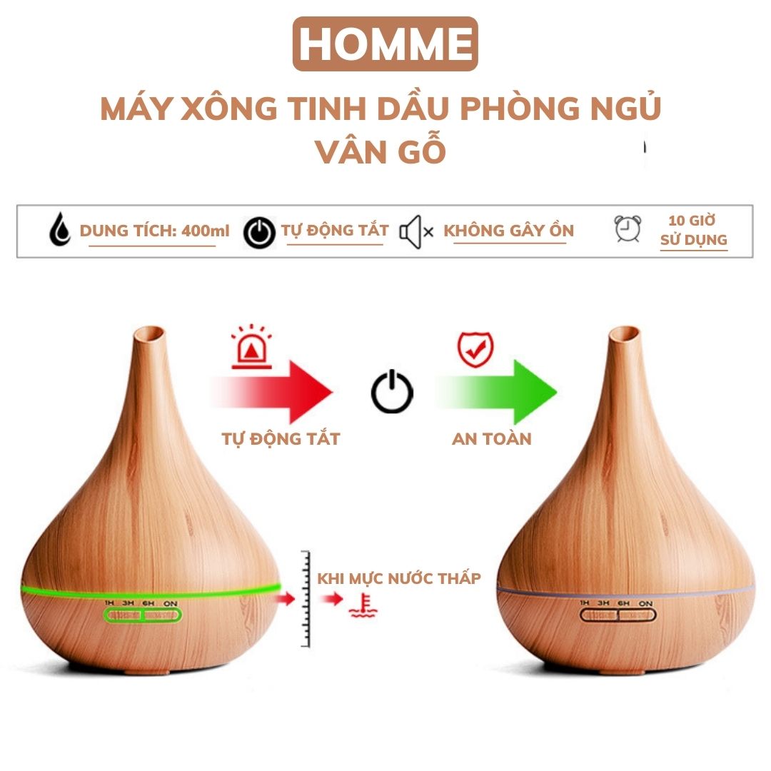 Máy xông tinh dầu phòng ngủ HOMME vân gỗ cỡ lớn làm thơm phòng diệt vi khuẩn có đèn LED thay đèn ngủ