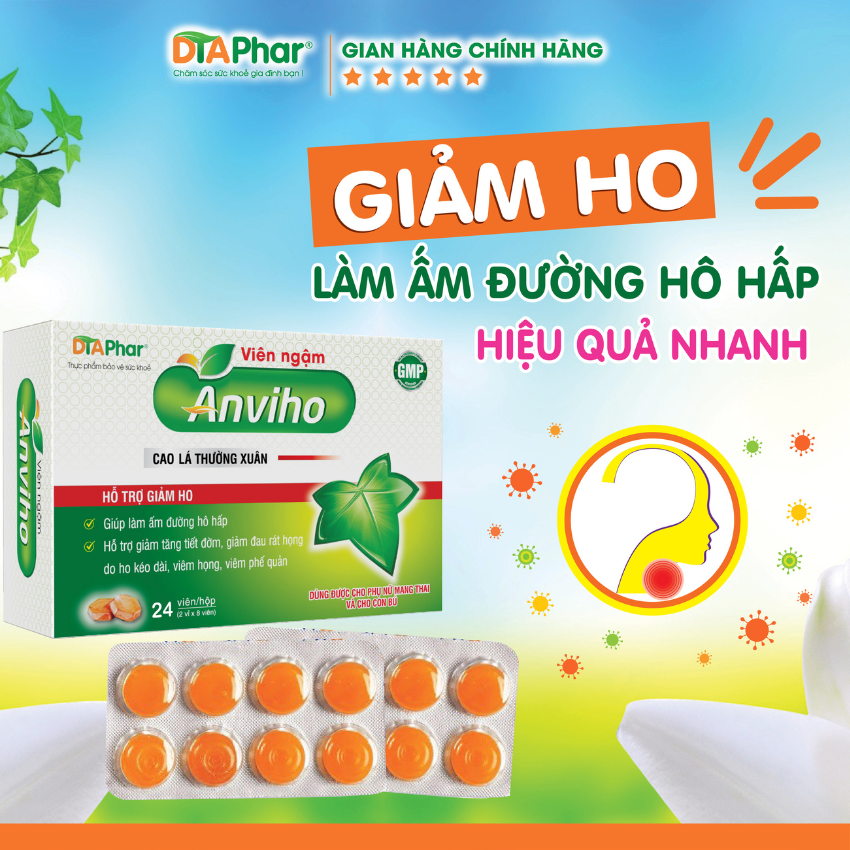 Viên Ngậm ANVIHO Cao Lá Thường Xuân - Hỗ trợ ho - Giúp làm ấm đường hô hấp giảm tăng tiết đờm, đau rát họng do ho kéo dài, viêm họng, viêm phế quản.