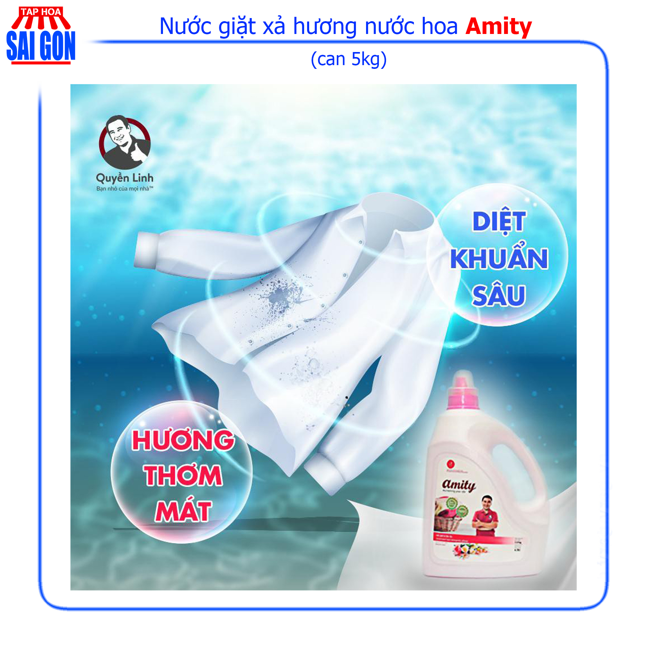 Nước Giặt Xả Amity hương nước hoa (màu hồng) can 5kg phù hợp với mọi chất liệu vải và mang lại cảm giác an toàn cho mọi gia đình