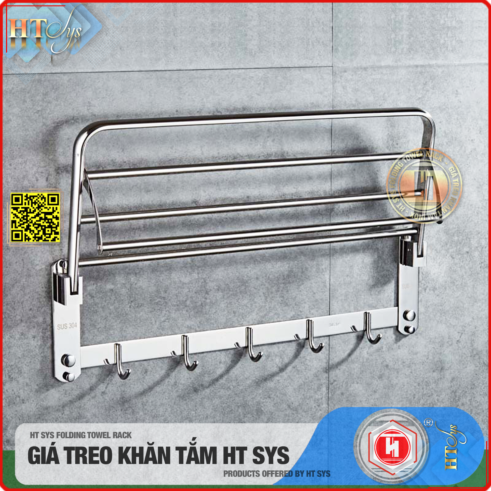 Kệ nhà tắm inox 304 cao cấp HT SYS - HTGT02 - Tích hợp giá treo khăn tắm, vắt khăn tắm, móc treo đồ -Hàng Chính Hãng