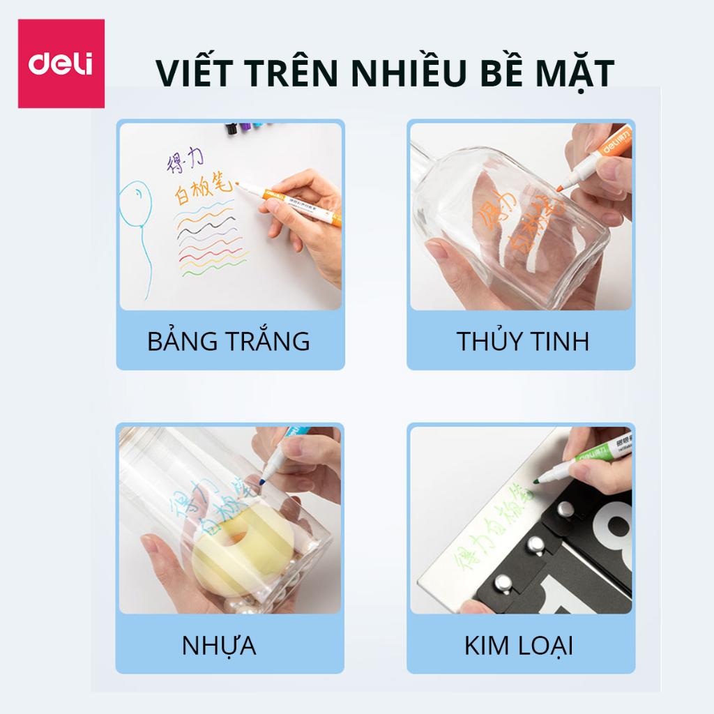 Set Bút lông Deli  viết trên nhiều bế mặt nhiều màu, bút dạ viết bảng trắng 8 màu xoá được cao cấp S514