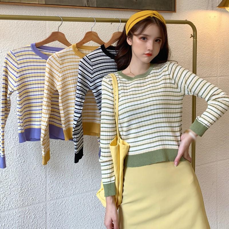 Áo Sweater Dệt Kim Tay Dài Hoạ Tiết Kẻ Sọc Màu Tương Phản Cho Nữ