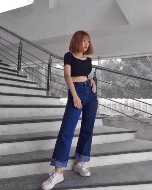 QUẦN JEANS ỐNG RỘNG GẤP ỐNG LƯNG CAO