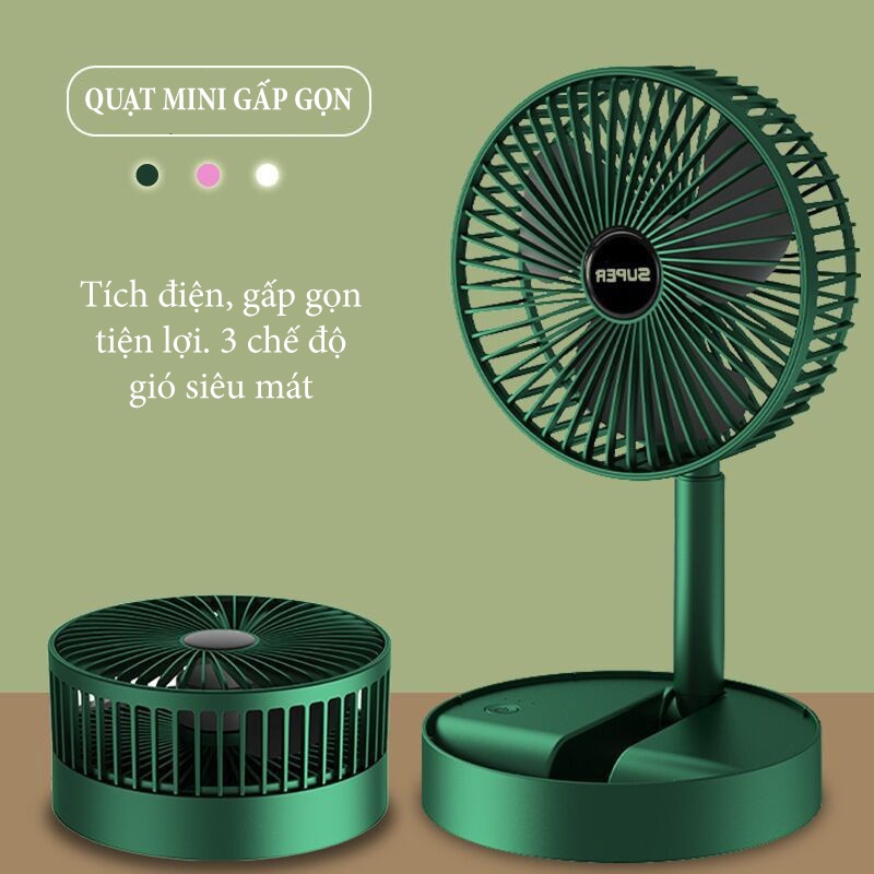 Quạt Tích Điện Super mini, Quạt Tích Điện Để Bàn Gấp Gọn 3 cấp độ, Sử Dụng Liên Tục 4 Tiếng