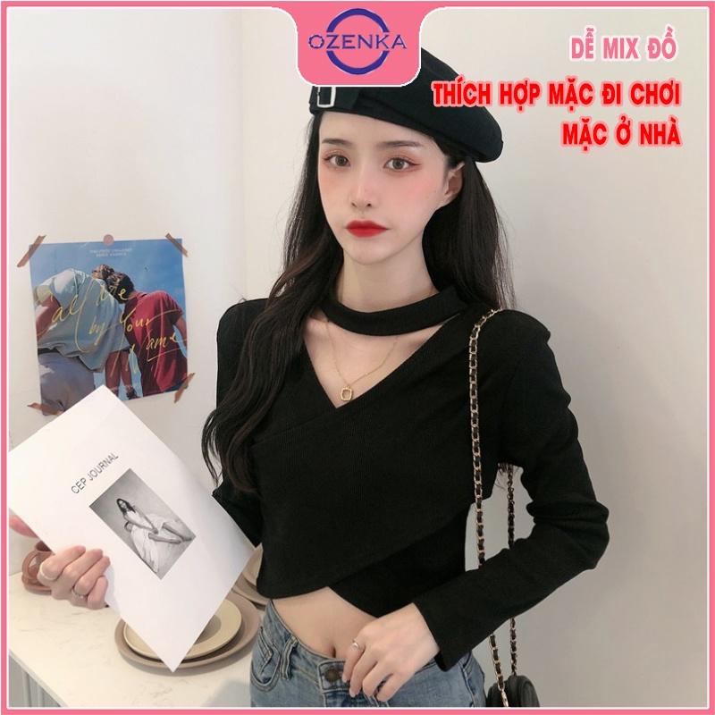 Áo croptop tay dài cổ v đắp chéo, áo thu đông nữ đẹp len tăm cotton cao cấp màu đen trắng free size dưới 50 kg