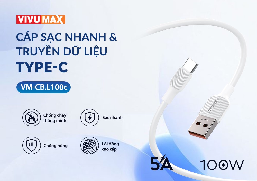 Cáp sạc nhanh 5A Vivumax L100c đầu Type C dài 1m, 100W - Hàng Chính Hãng, Bảo Hành Chính Hãng