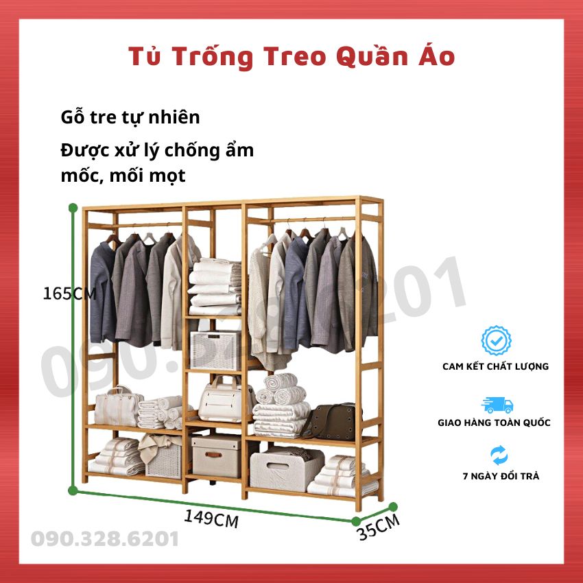 RE0612 Tủ treo quần áo gỗ tre mẫu lớn 165cm - Tủ quần áo gỗ tre - Tủ quần áo nhiều tầng