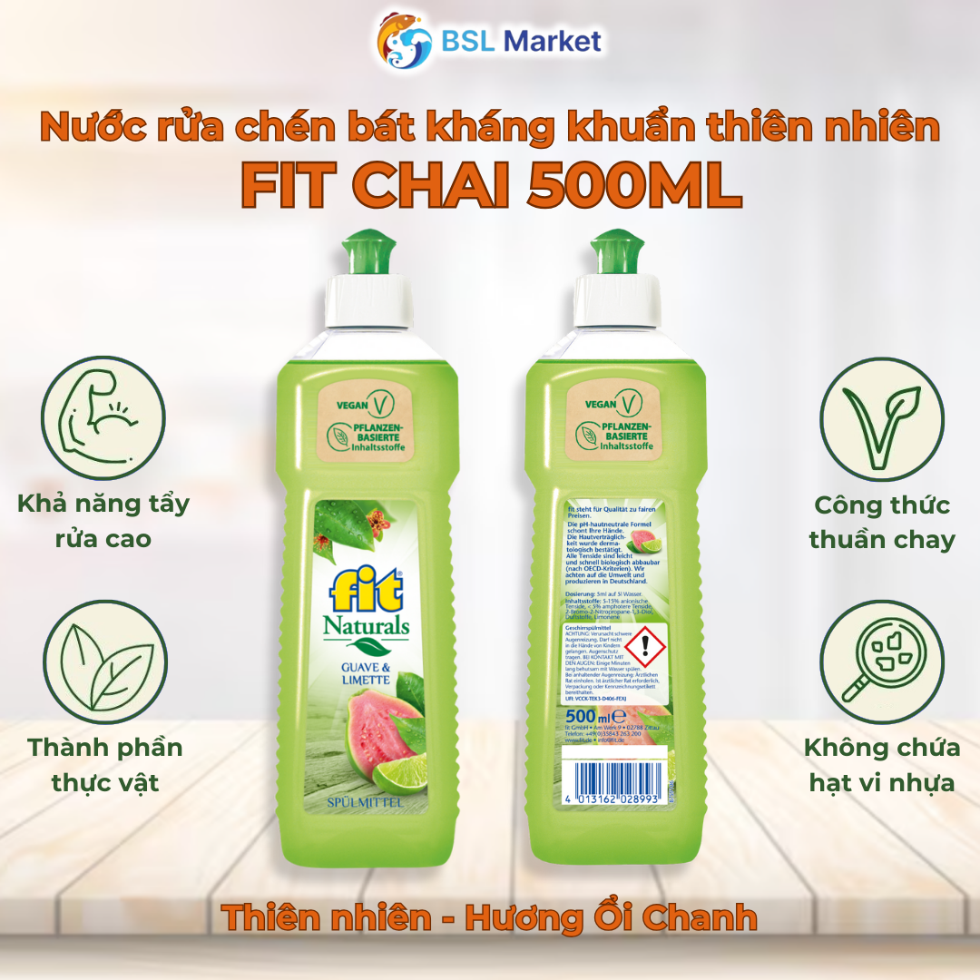 Nước Rửa Chén Bát Thiên Nhiên Fit Hương Ổi Chanh Chai 500ml