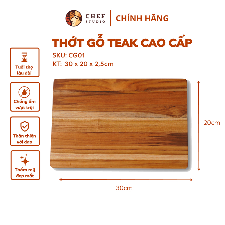 Thớt gỗ Teak ghép ngang, hình chữ nhật 20x30x2,5 cm - MSP CG01. Dùng cắt, thái, khay trưng bày thực phẩm.