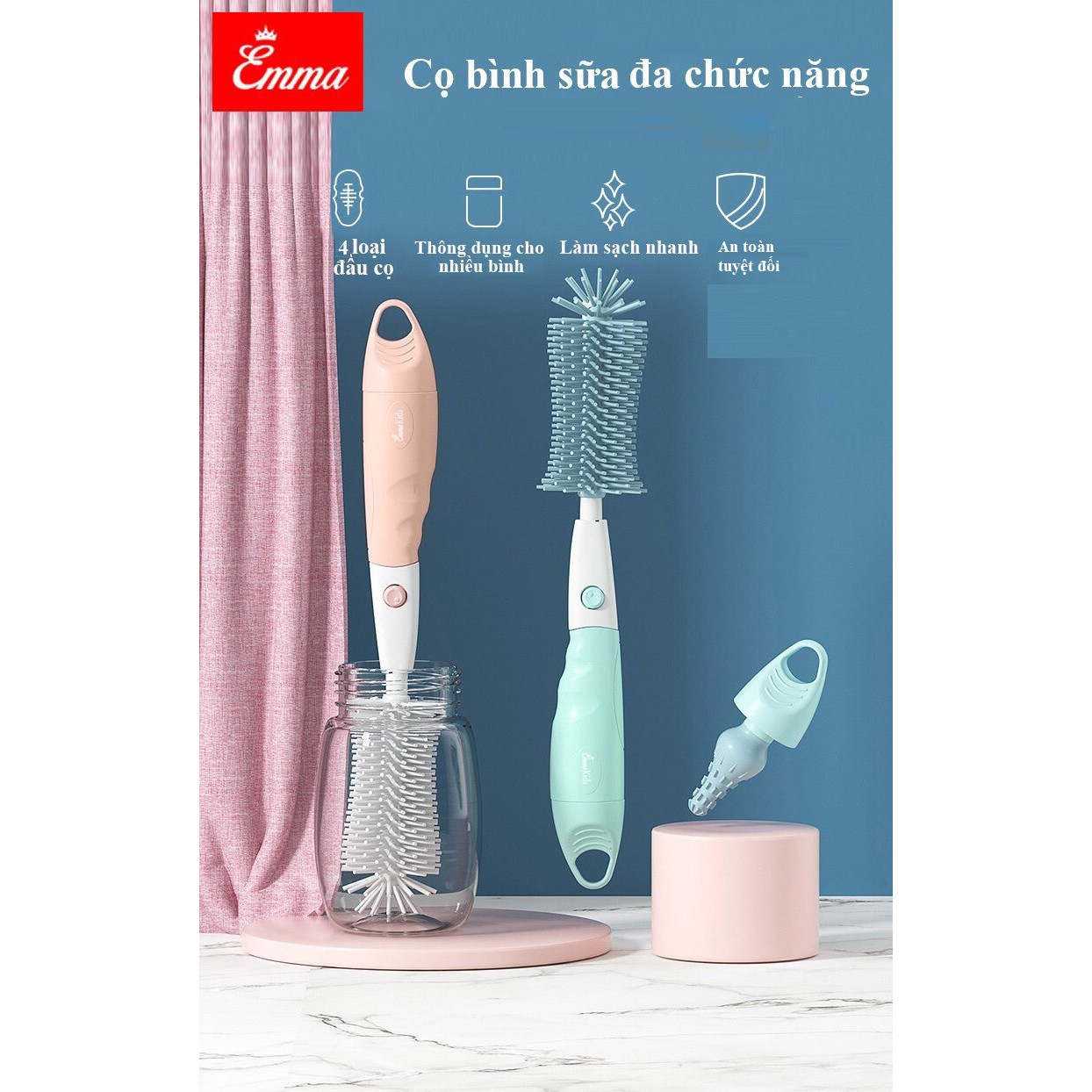 Bộ Cọ Bình Sữa, Núm Ti Silicone EmmaKids 4 Đầu Cọ Tạo Bọt Vệ Sinh Siêu Sạch