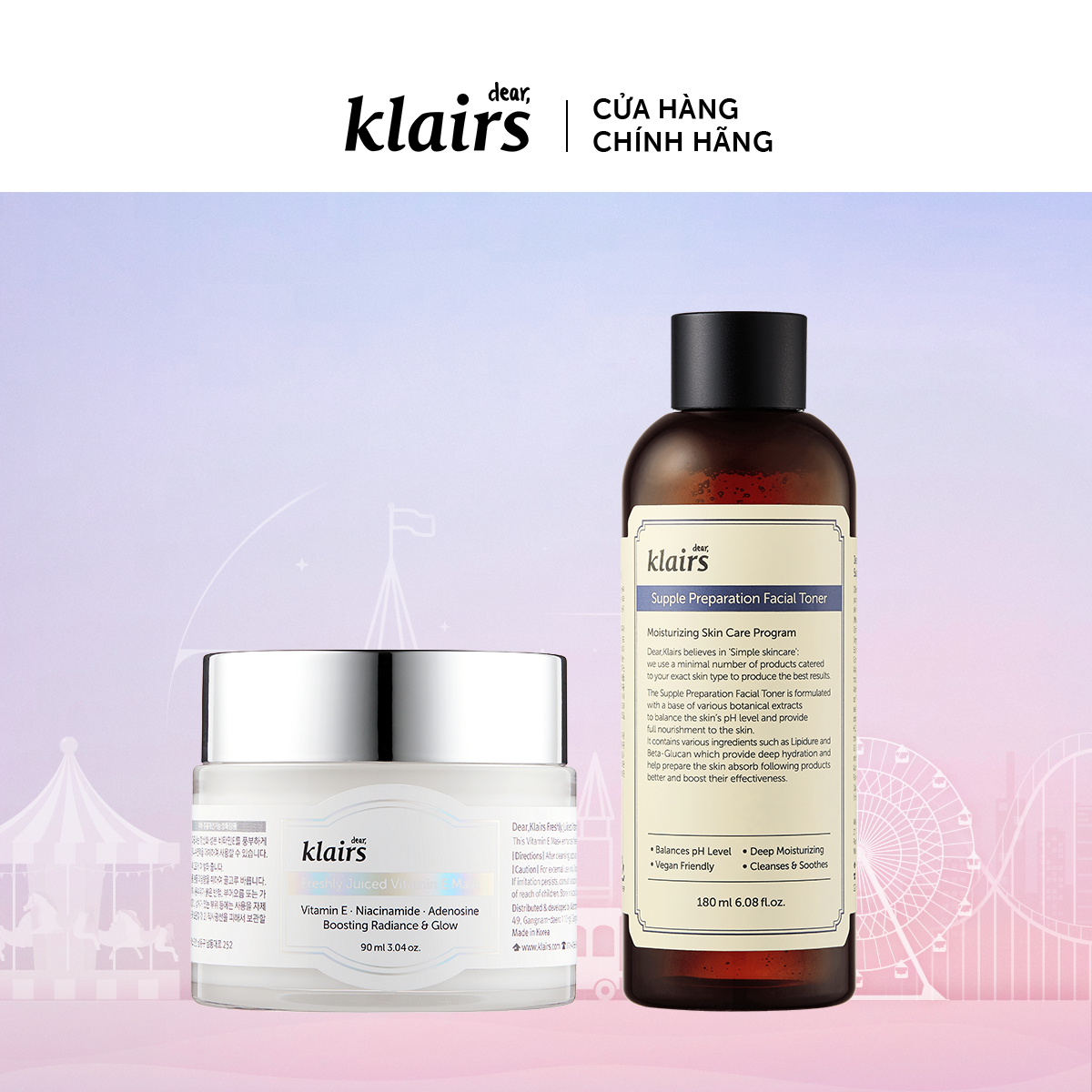 Combo Dear, Klairs Nước hoa hồng Supple Preparation Facial Toner 180ml + Mặt nạ Freshly Juiced Vitamin E mask 90ml