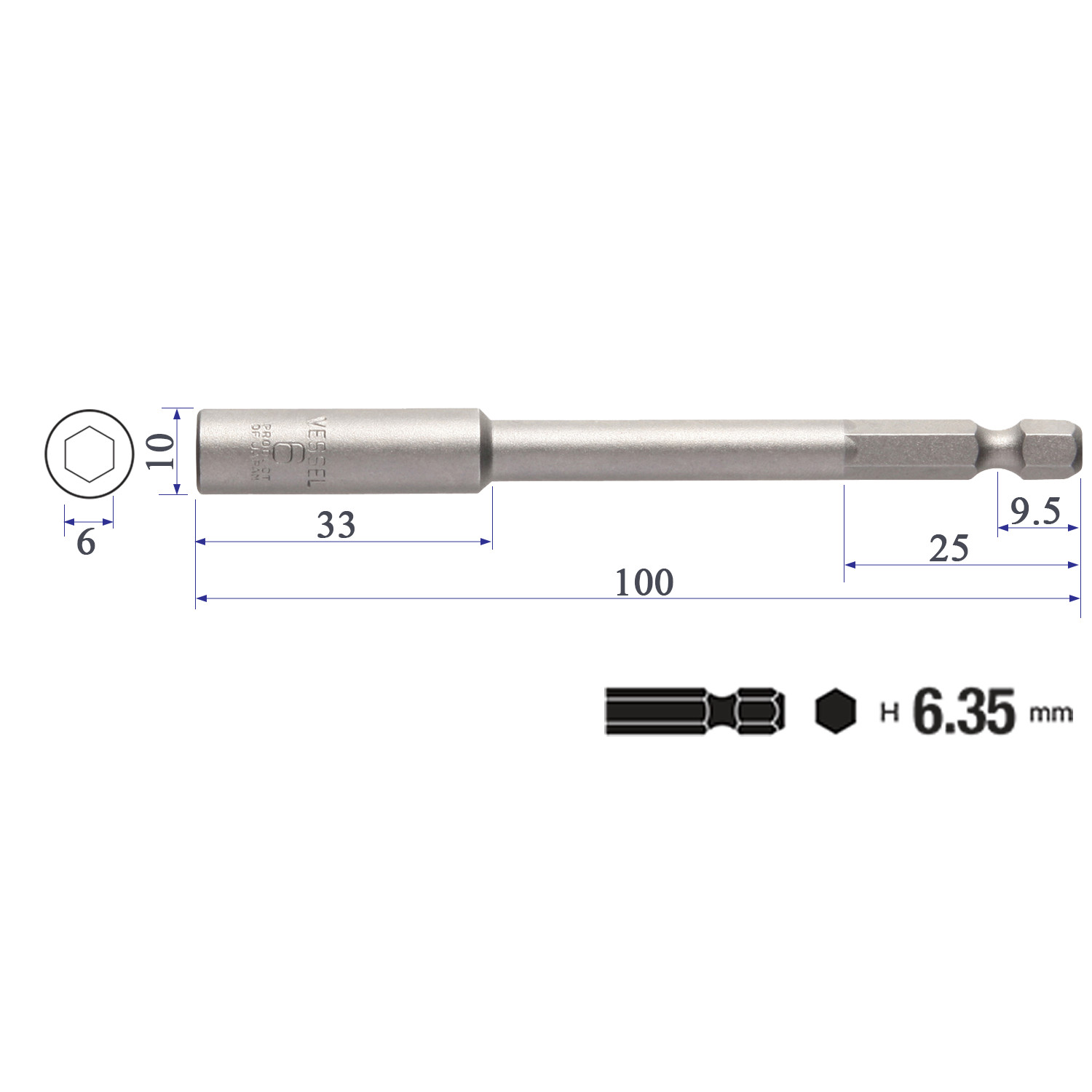 Đầu vặn ốc lục giác B45, chuôi lục giác H=6,35mm thương hiệu Vessel (Nhật Bản)