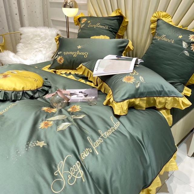 Set Cotton Lụa Thêu Hoa Hướng Dương Hàng Nhập Khẩu 7 Món Cao Cấp