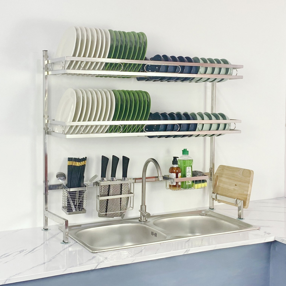 Kệ chén bát  inox cao cấp đa năng 1-2 tầng 86cm dành cho bồn đôi FOODCOM bằng inox cao cấp không han gỉ để trên bồn rửa giúp căn bếp gia đình bạn gọn gàng sạch sẽ tiết kiệm không gian gia đình. – 2 tầng