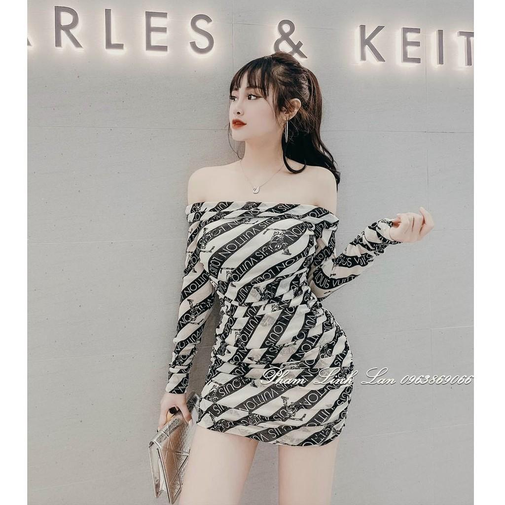 Đầm body trễ vai tay dài hoạ tiết kèm mút