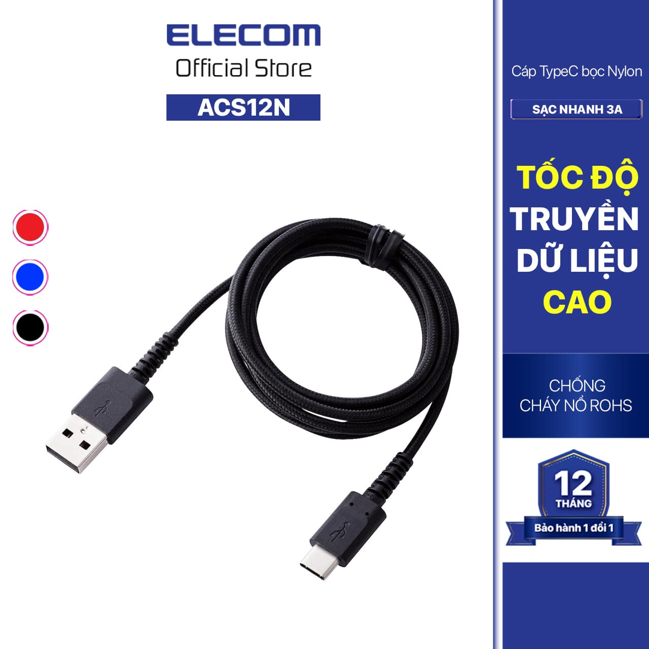 Cáp sạc chuẩn Type-C bọc nylon 1.2M Elecom MPA-ACS12N - Hàng chính hãng