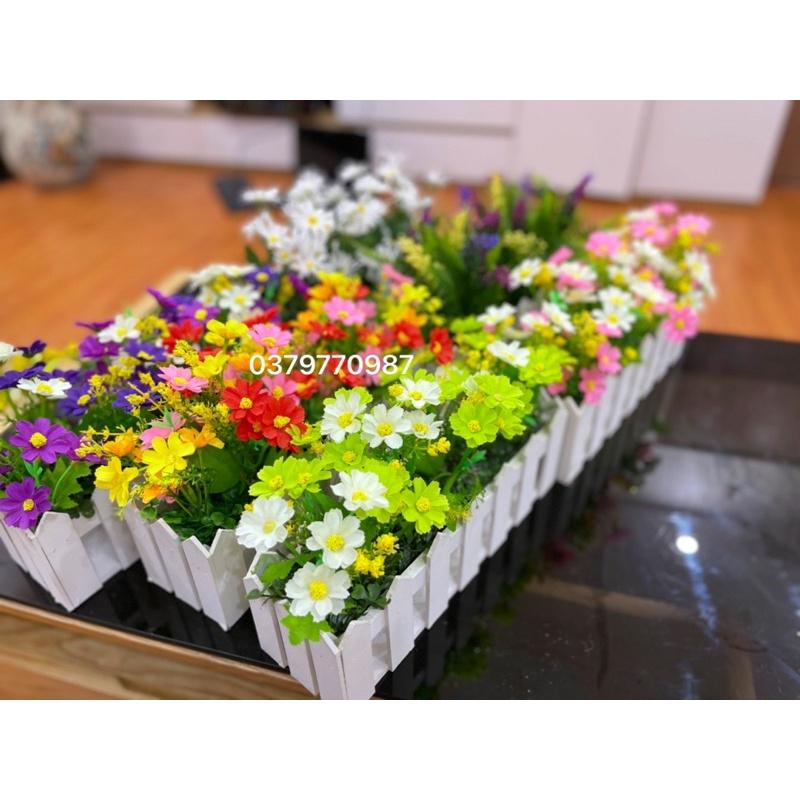 Chậu hàng rào gỗ cắm sẵn hoa decor