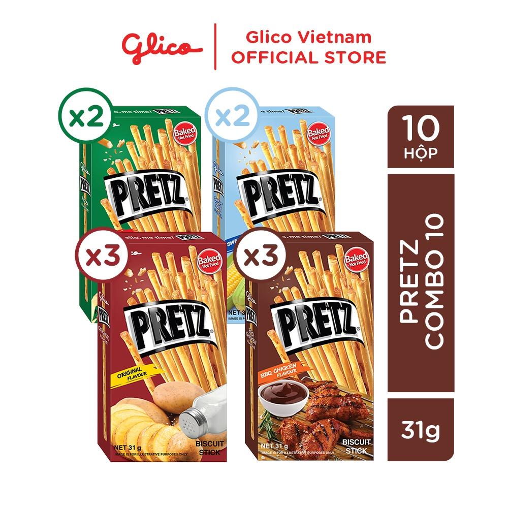 Bánh que nướng giòn 4 vị GLICO Pretz (Combo 10 hộp - 3 khoai tây 3 BBQ Gà 2 Pizza 2 Bắp)