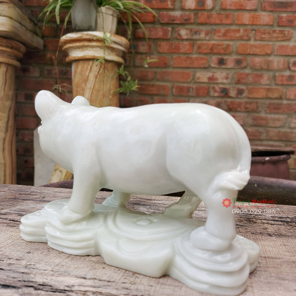 Tượng heo 12 con giáp phong thủy đá trắng xanh 15cm đá Non Nước