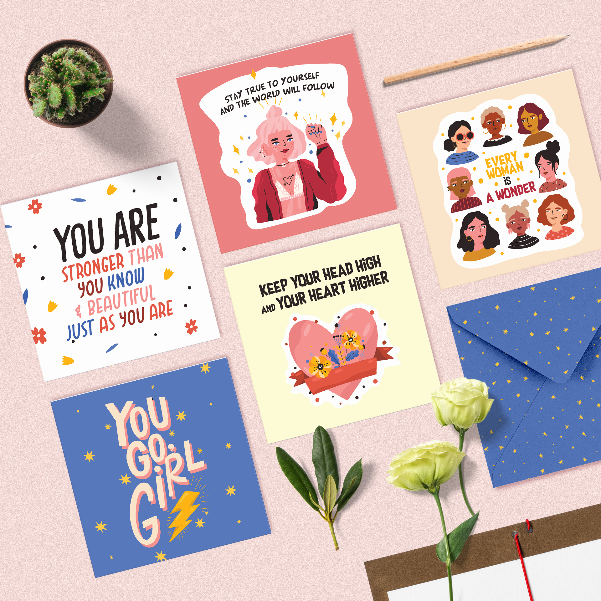 Set 5 thiệp mừng phụ nữ 8/3, 20/10, động viên, truyền cảm hứng SDstationery Bold and Beautiful trẻ trung hiện đại 12x12cm