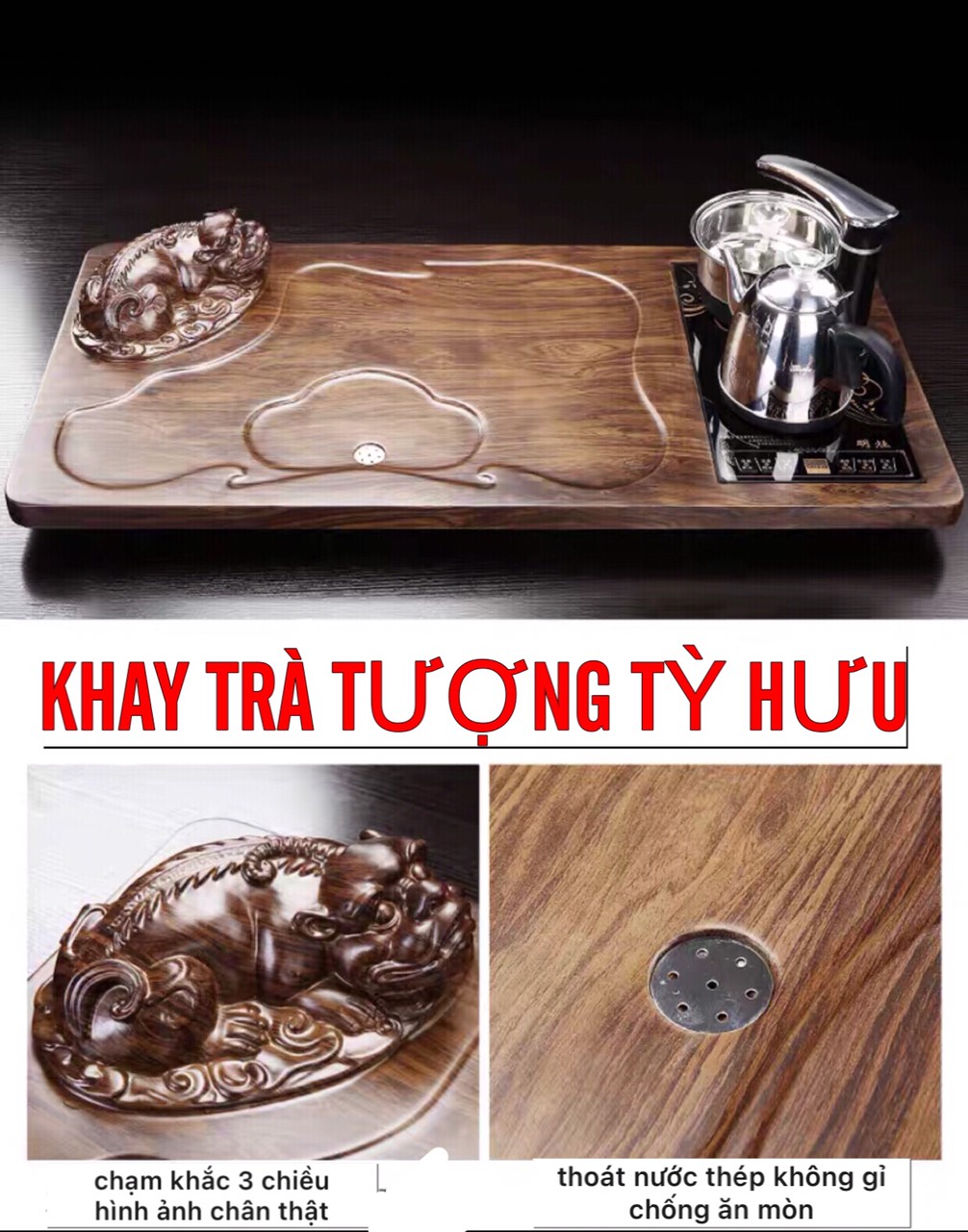 Bộ bàn trà điện đa năng , khay trà đạo Tượng tỳ hưu phong thuỷ -TH 08, khung gỗ cao cấp một bộ đủ món như hình