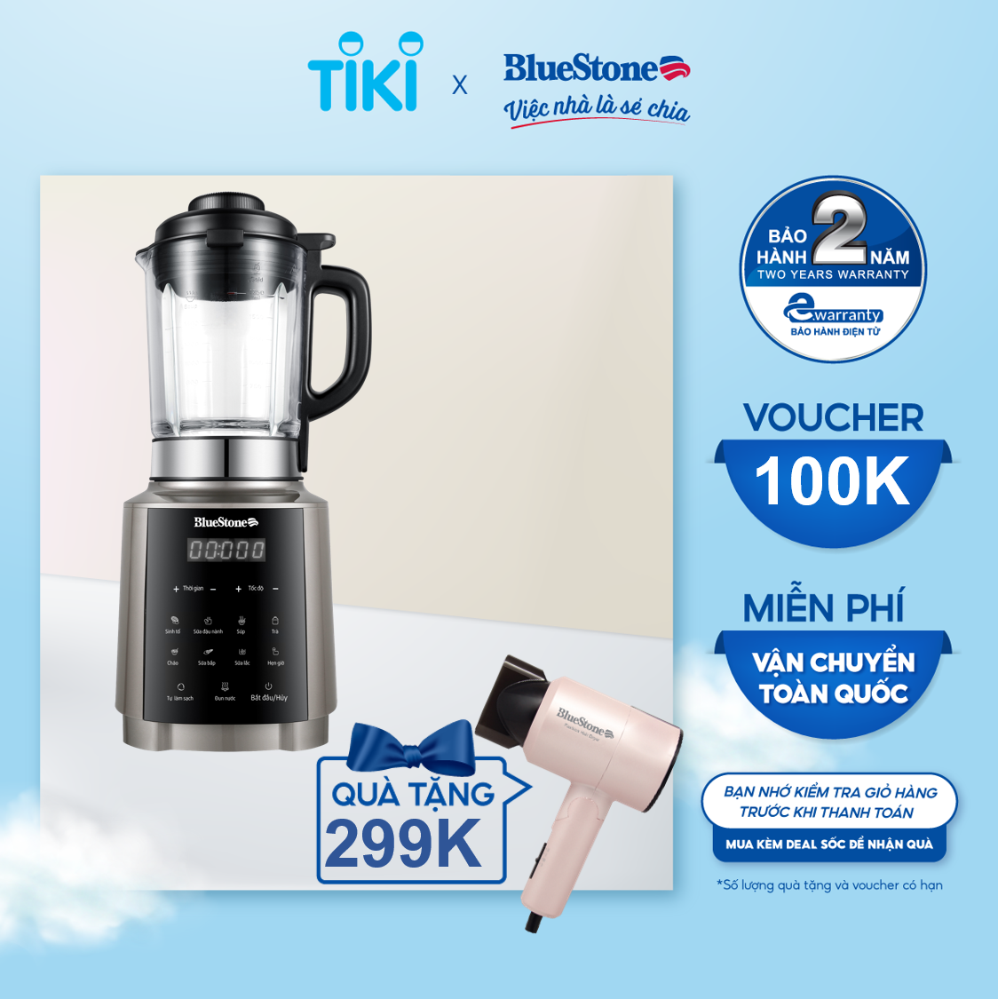 Máy Xay Nấu Sữa Hạt Đa Năng BlueStone BLB-6038 - Công suất 1000W - 7 chương trình nấu - Hàng chính hãng
