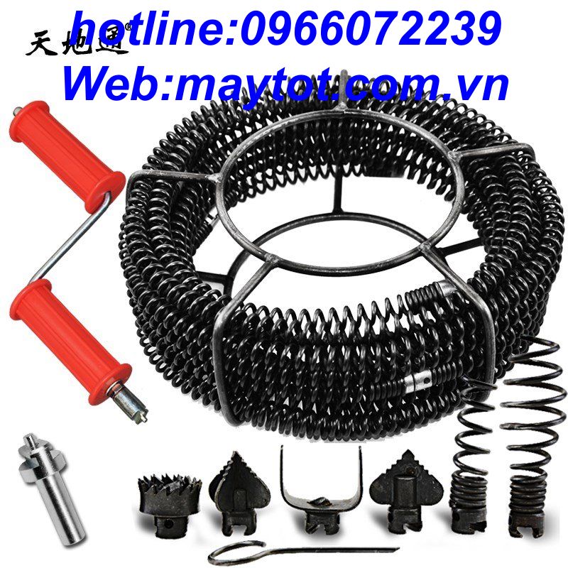 Dây Thông Tắc Cống Phi 16 Dung Tay Quay - dài 9m(gồm 1 tay quay + 9m dây+ bộ 6 đầu thông+ 1đầu kết nối máy khoan )